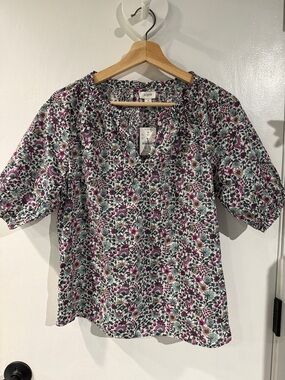 J. Crew Floral Puff-Sleeve 100% Cotton Blouse in Pink, Green and White